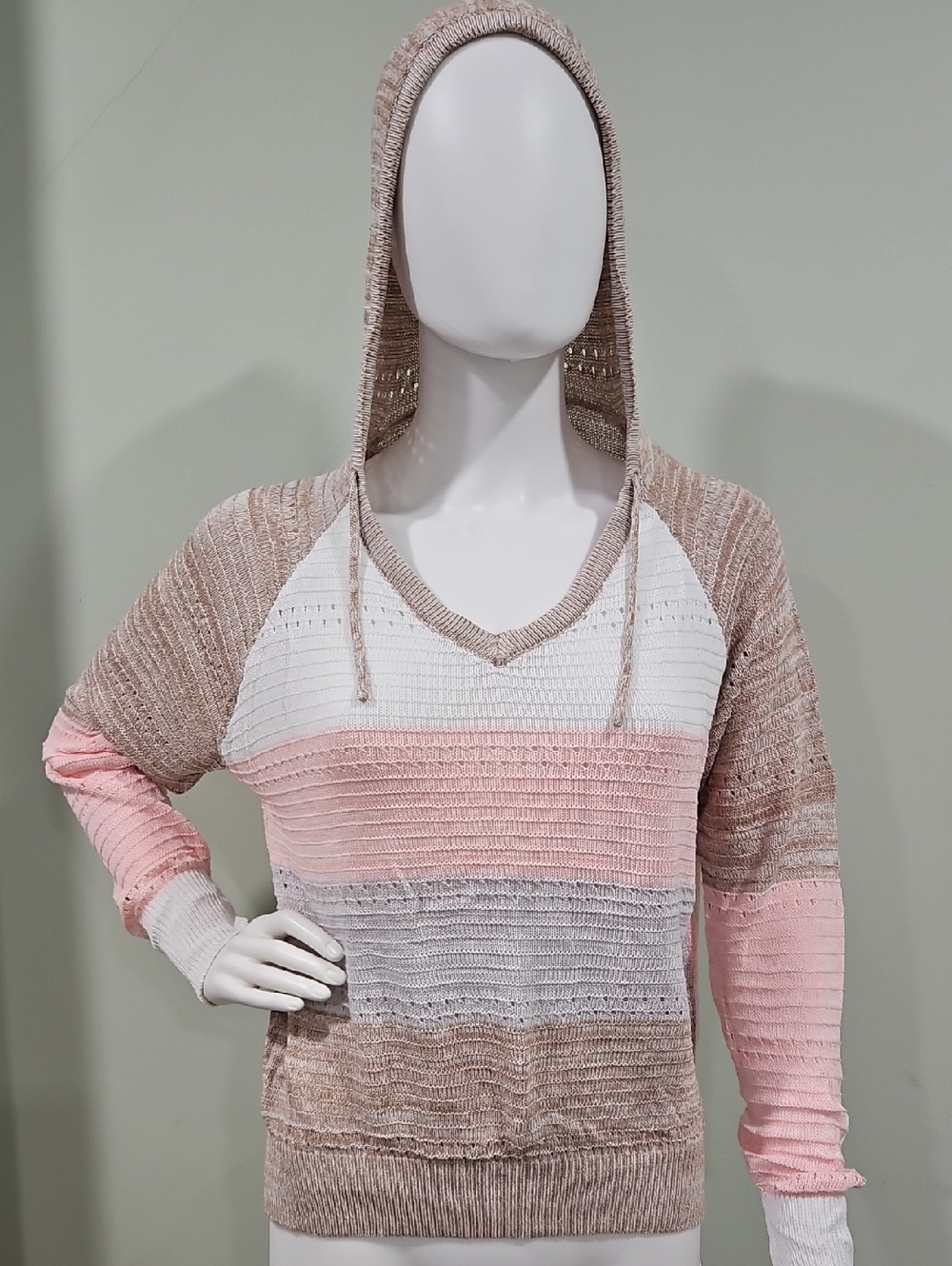 Lightweight Hooded Knit Sweater in Blush, Cream & Taupe